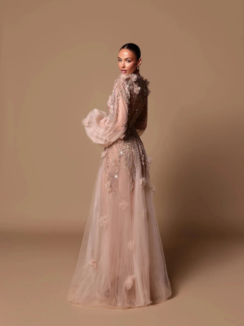 Elegant A Line Romantic High Neck Evening Dress/Floral Customized Charming Cut Out Sequin’s/Crystals Party Event.