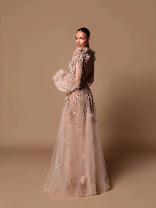 Elegant A Line Romantic High Neck Evening Dress/Floral Customized Charming Cut Out Sequin’s/Crystals Party Event.