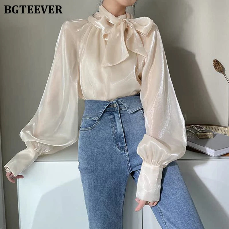 Elegant Ivory Bow Neck Blouse for Women – Long Sleeve Satin-Effect Loose Fit Top