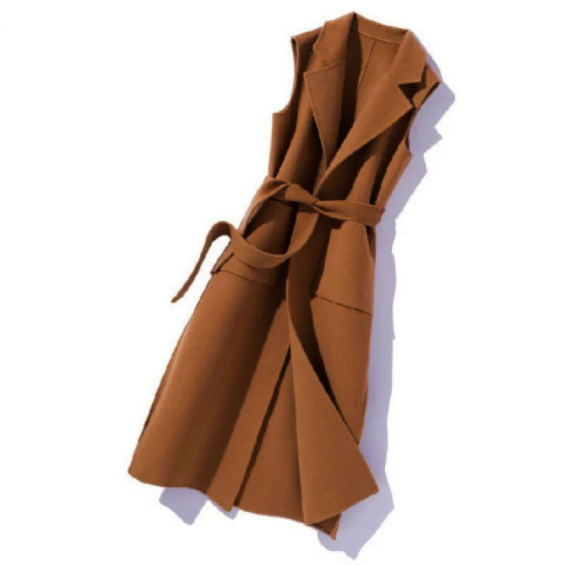 Waist Coat Notch Autumn Winter Jacket/Mid Long Sleeveless/Polo Collar Cotton Vest With Belt/Waist Elegant Casual Coat.