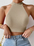 Knitted Sleeveless Halter Top/Solid Slim Fitted Cropped Turtleneck/Ribbed Vest Y2K High Neck Tank Top’s.