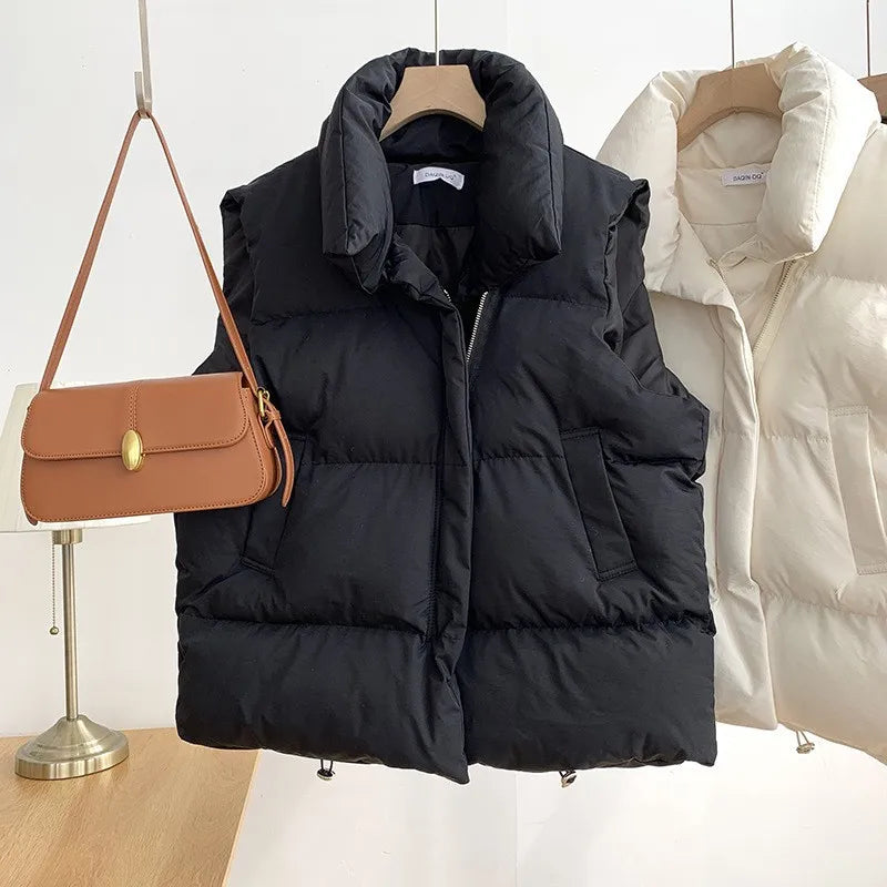 Oversized Autumn Stand Collar Elegant Down Coats/Warm Outerwear Casual Belt Sleeveless Winter Women Vests Jackets.