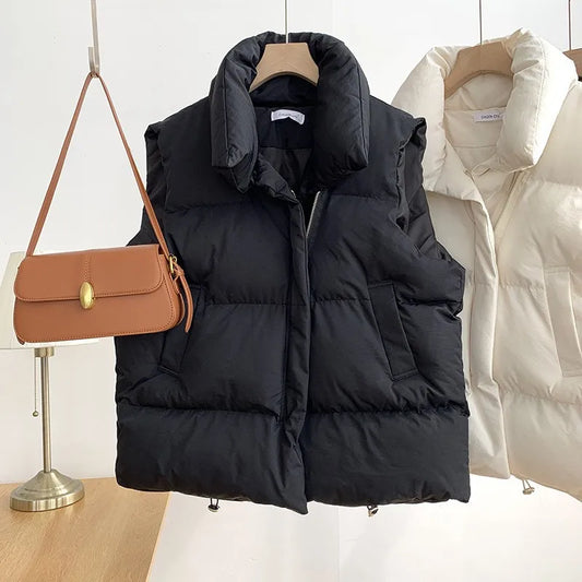 Oversized Autumn Stand Collar Elegant Down Coats/Warm Outerwear Casual Belt Sleeveless Winter Women Vests Jackets.