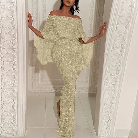 Off-Shoulder Silver Sequin Dress/Sparkling Maxi Dress/Devine Pull Over Loose Fitted/Excellent For Occasion’s.