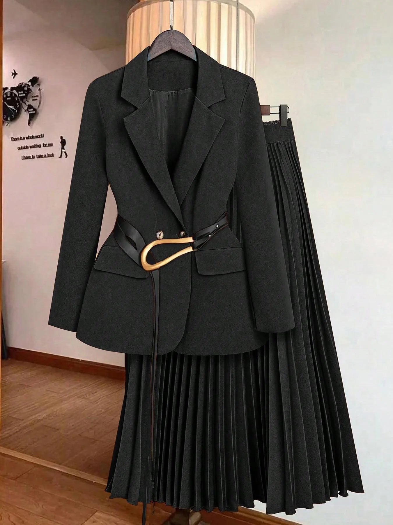 Classy Two-Piece Suit/Skirt & Blazer Jacket (no Belt)/Single Breasted Sashed Design/Pleated Hem Sophisticated Suit.