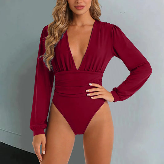Women’s Ruched Deep V Neck Long Sleeve Bodysuit – Sexy Fitted Plunge Leotard Top