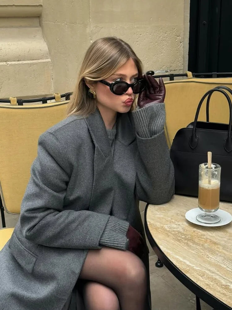 Classic Oversized Winter Coat/Women's Long Sleeved Coat/Turn-Down Collar/Adjusted Long Sleeved/Single Button Mid-length/Outerwear.