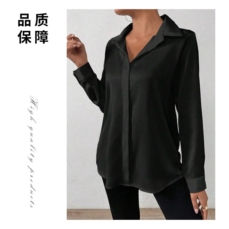 Satin Like Silk Button Down Blouse/ Long Sleeved Slightly Stretched.