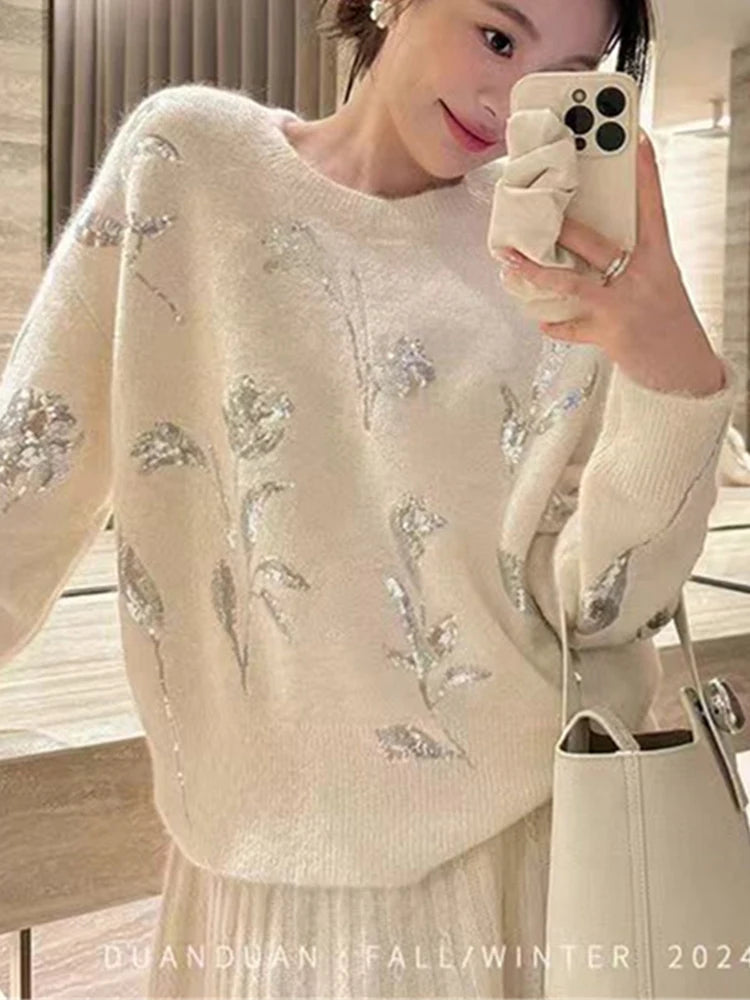 Stylish Loose Sequined Sweater/O~Neck Silver Floral Sweater/Long Sleeve Elegant Knitted Tops Pullovers Jumpers Pull Over.