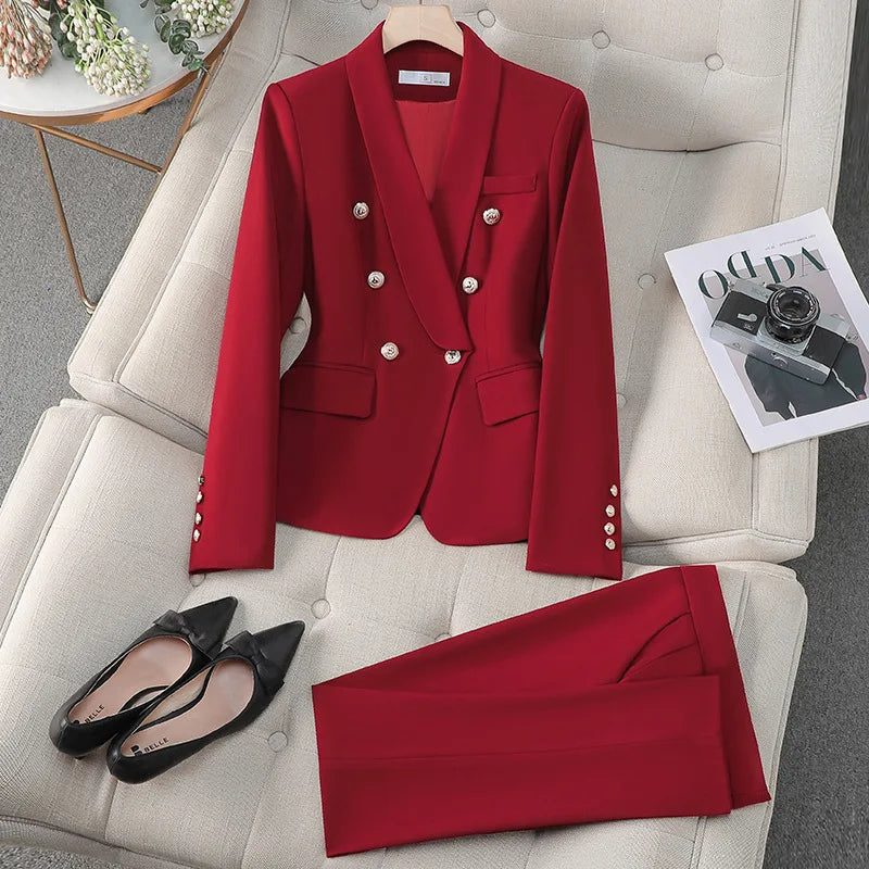High Quality Turn Down Collar Suit/Two Piece Double Breasted Blazer/Straight Zipper Trousers Women Outfit.