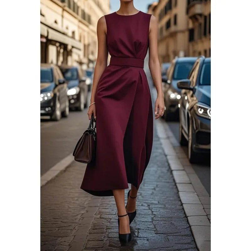 Modern Sleeveless Elegant Dress/Fashion Round Neck Lace-up Style/Solid Colored Ankle Length Long Dress.