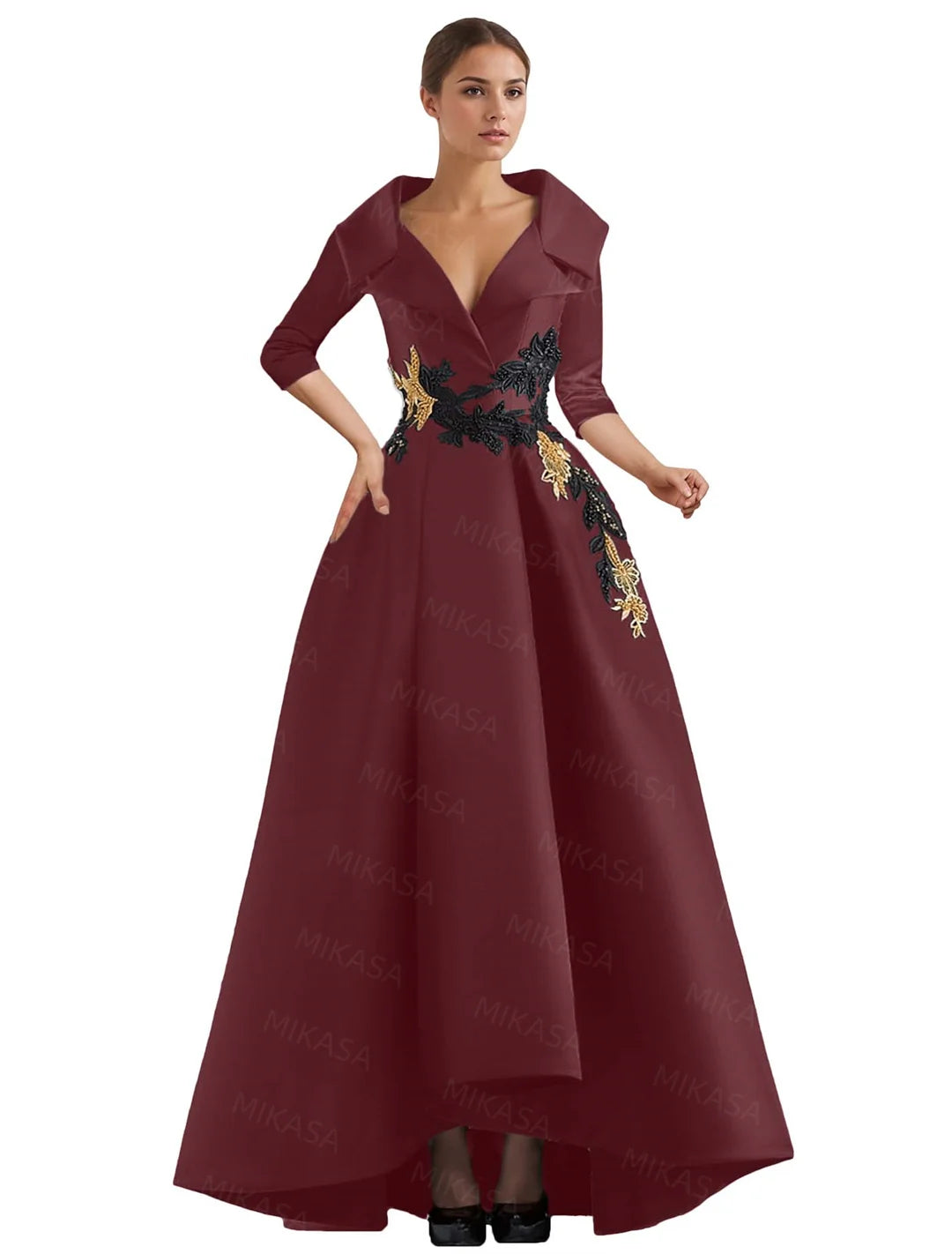 Elegant A Line Vintage Gown/Modern Three Quarter Sleeves V~Neck Dress/Party Gowns With Appliqué’s/Pockets Irregular Ruffles.