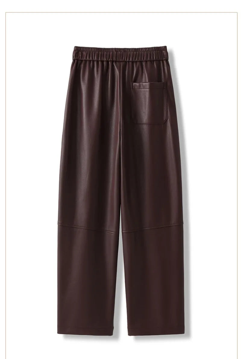 Luxury PU Leather Jogger Pants for Women – High-Waist Elastic Drawstring Wide-Leg Trousers – Comfy Chic Vegan Leather Athleisure Pants