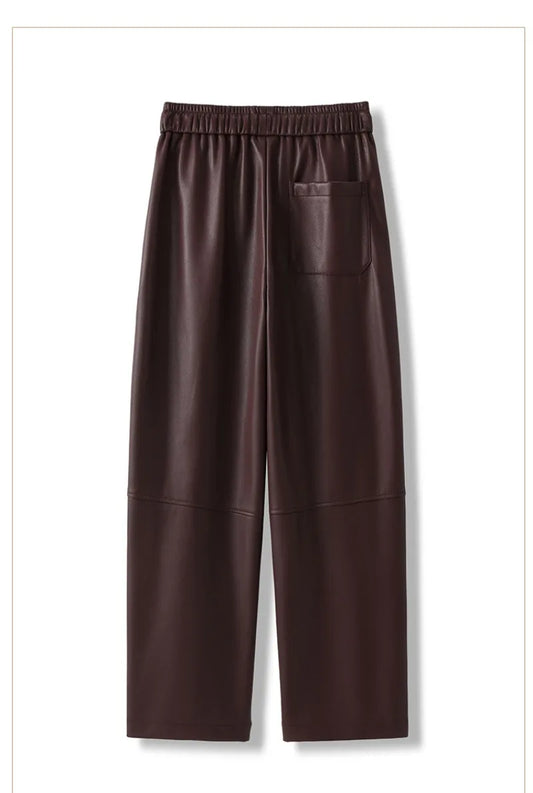 Luxury PU Leather Jogger Pants for Women – High-Waist Elastic Drawstring Wide-Leg Trousers – Comfy Chic Vegan Leather Athleisure Pants