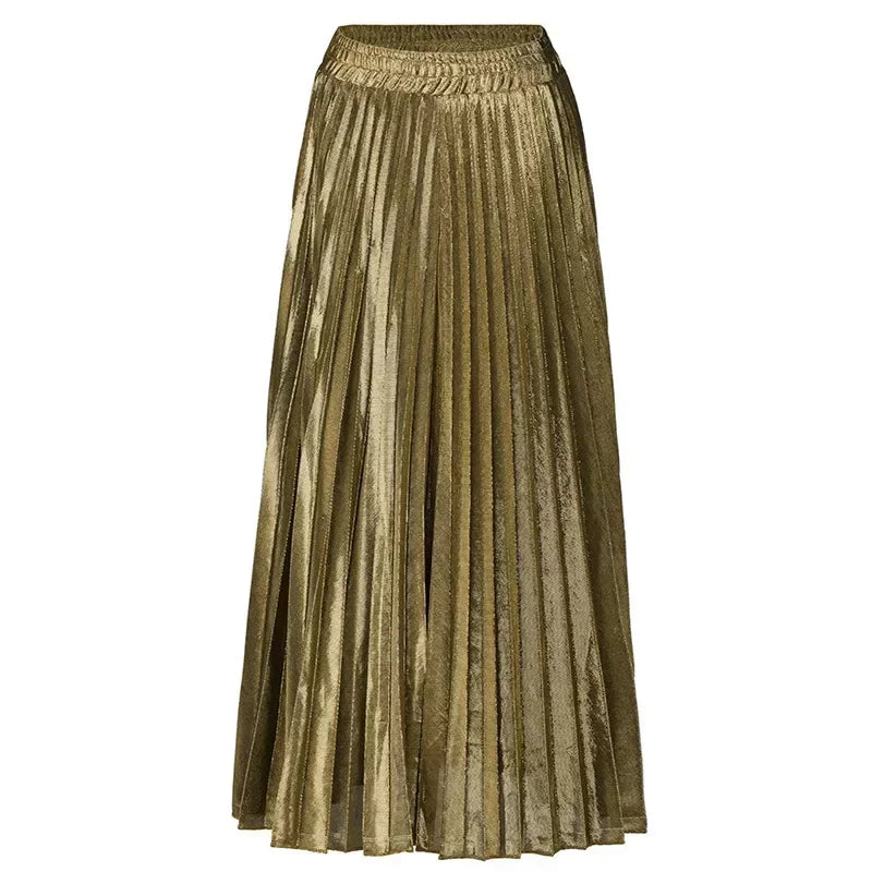 Bright Silk Metal Skirt/Color Pleated Maxi Skirt/Elastic High Rise Swing/Holiday Celebration Event.