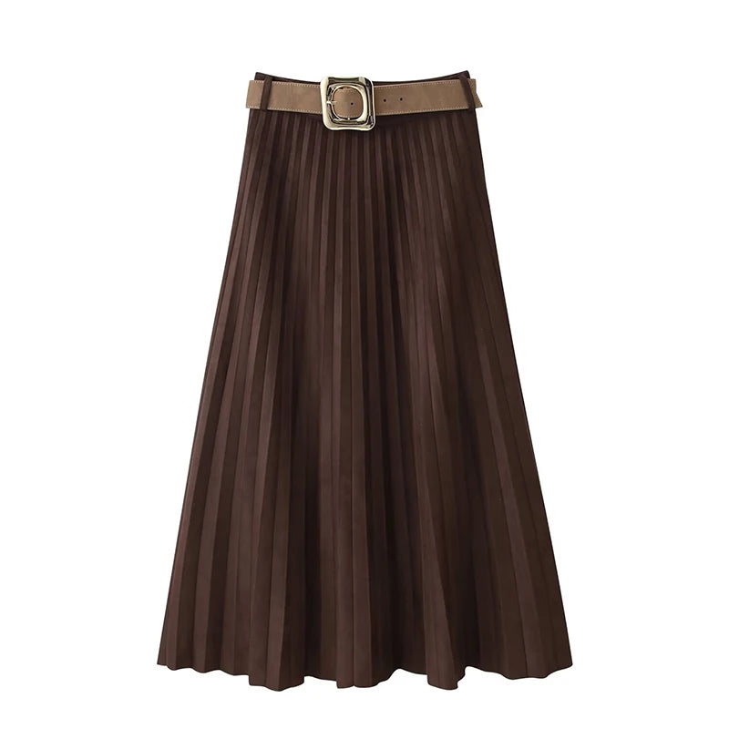 Flowing Effect Pleated Skirt/Neutral Beauty Layered Skirt/Midi Long Skirt/High Waist Elegant Faux Suede Skirt With Belt.