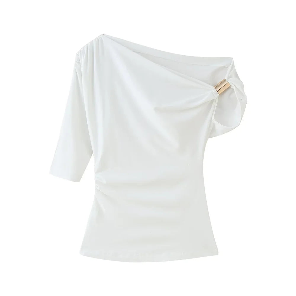 Fashion Styled Off Shoulder Blouse/Metallica Temperament Buckle/Slim Fit Nylon Asymmetric Top.