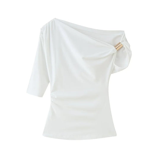 Fashion Styled Off Shoulder Blouse/Metallica Temperament Buckle/Slim Fit Nylon Asymmetric Top.