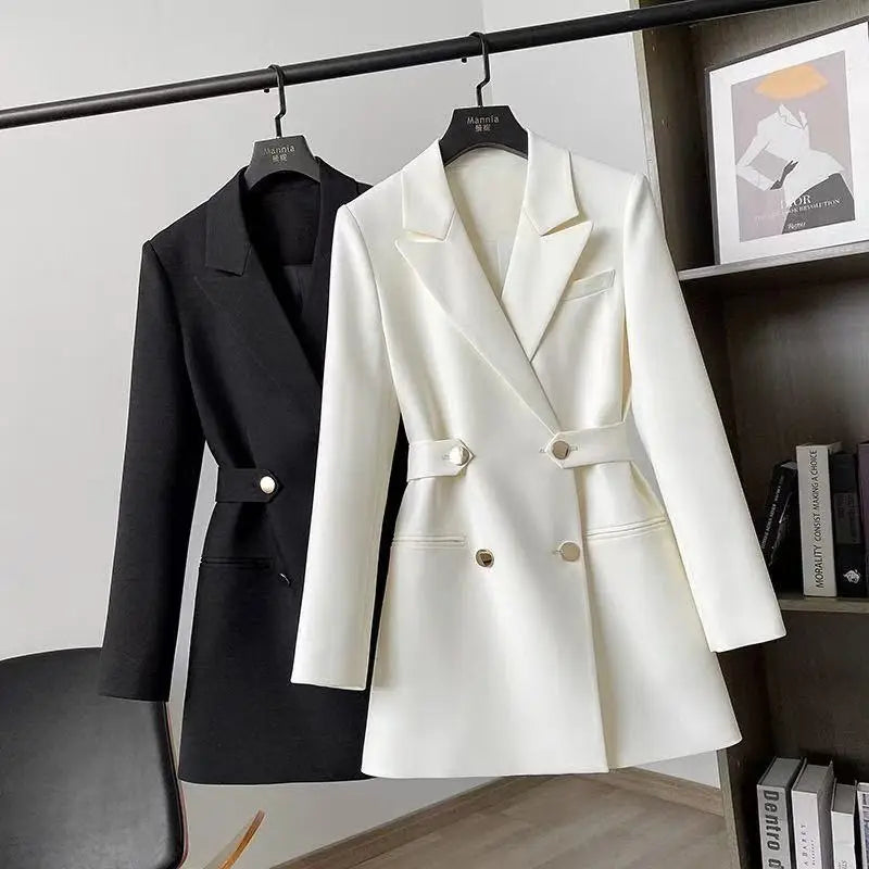 Fashion Coat Autumn Winter Suit Lady Business Office Blazer Black White Mid Length Female Outerwear