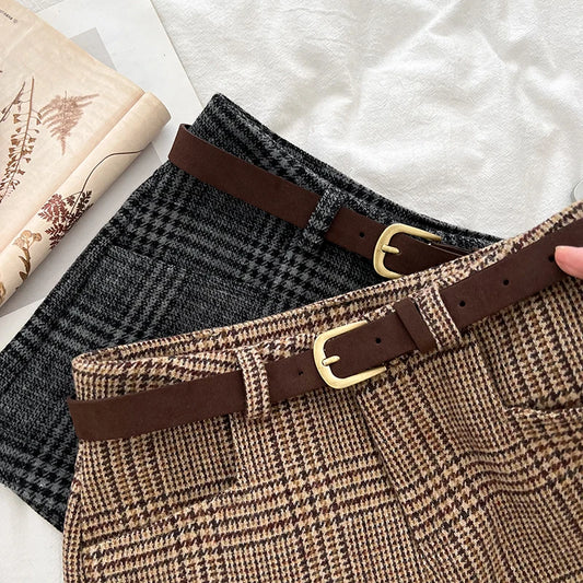 Women’s Mid-Waist Wool Blend Plaid Shorts – Autumn Winter Streetwear Short Pants