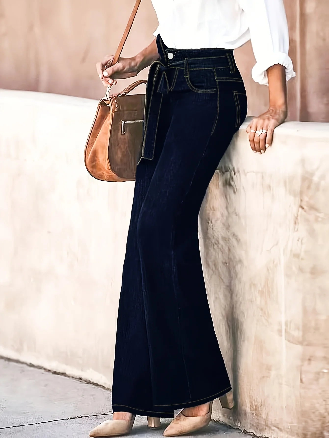 High-Waist Wide-Leg Denim Trousers with Tie Belt – Dark Wash Elegant Jeans
