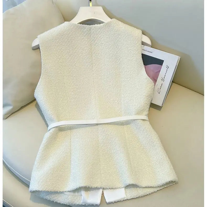 Luxury Cream Bouclé Vest & Tulle Maxi Skirt Set – Elegant Two-Piece Women’s Boutique Outfit