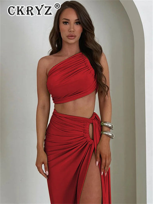 Luxury One-Shoulder Ruched Skirt Set – Elegant Backless Crop Top & High Slit Maxi Skirt Two-Piece Ensemble