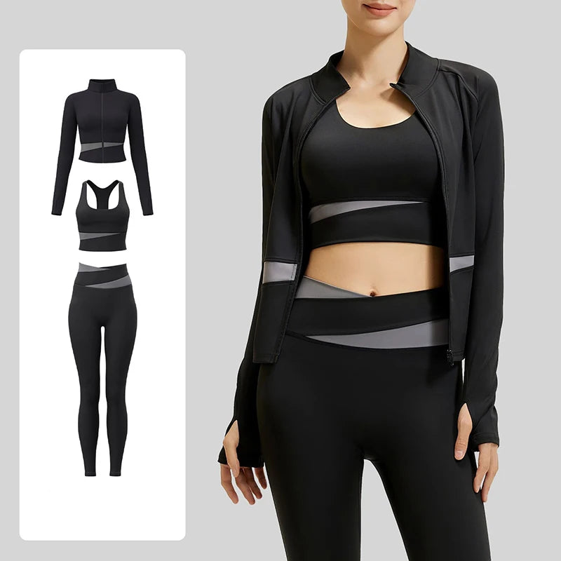 Women’s 3-Piece Colorblock Activewear Set – High-Waist Leggings, Sports Bra & Zip-Up Yoga Jacket | Breathable Quick-Dry Workout Set