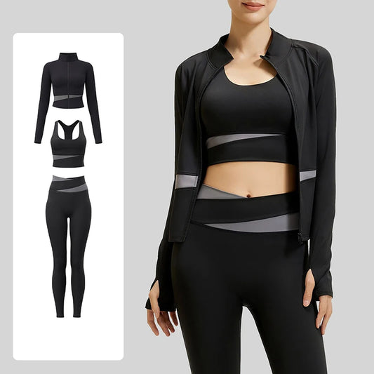 Women’s 3-Piece Colorblock Activewear Set – High-Waist Leggings, Sports Bra & Zip-Up Yoga Jacket | Breathable Quick-Dry Workout Set