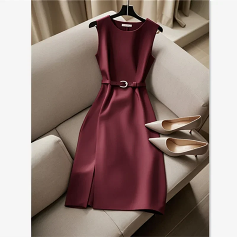 New French Luxury Summer Dress Women Elegant Sleeveless High Waist Satin Formal Dress Fashion Party Vestidos with Belt High End