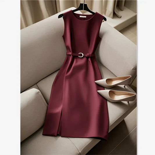 New French Luxury Summer Dress Women Elegant Sleeveless High Waist Satin Formal Dress Fashion Party Vestidos with Belt High End