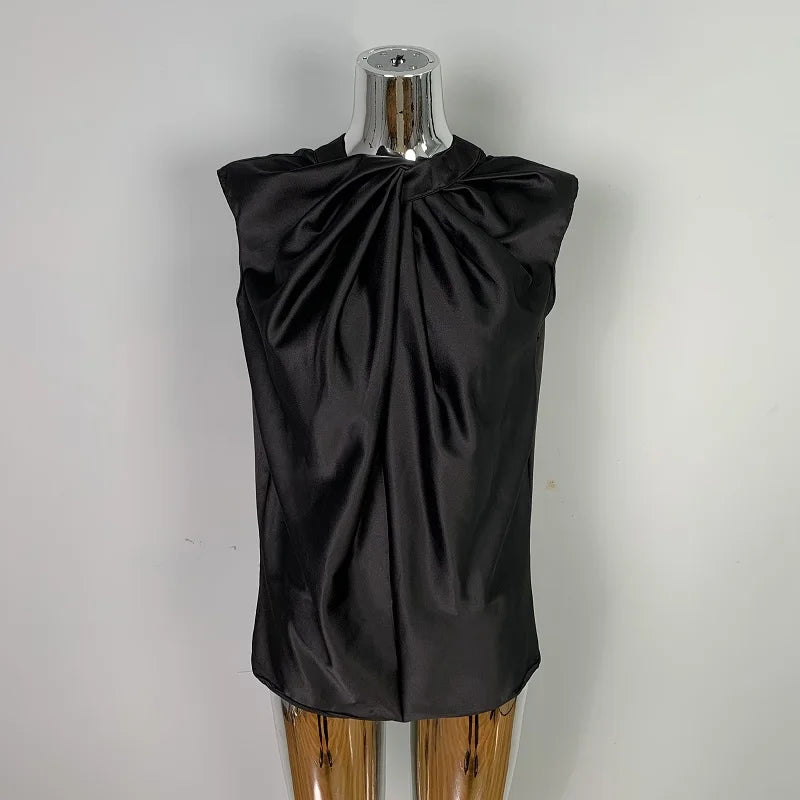 Women’s Satin Twist-Neck Sleeveless Blouse – Elegant Draped Office & Occasion Top