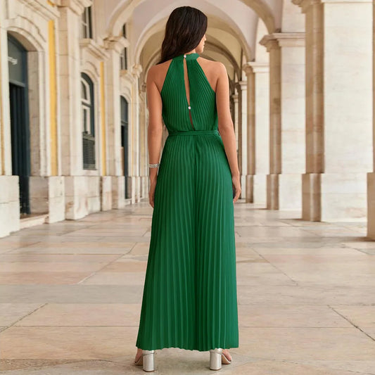 Black Ribbed Halter Neck Jumpsuit for Women – High Waist Wide Leg Sleeveless Jumpsuit with Tie Belt | Elegant Boutique Style
