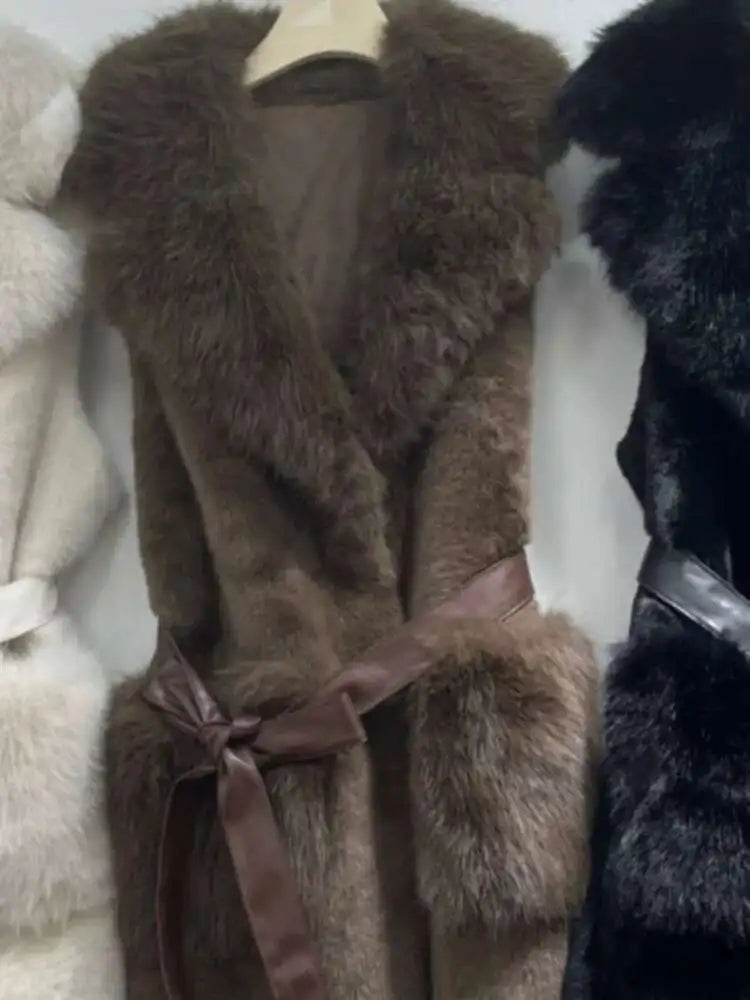 Puffy European Sleeveless Waist Cost Lace-up Design Long Fur Waistcoats/Thick And Warm Women Winter V~Neck Vest.