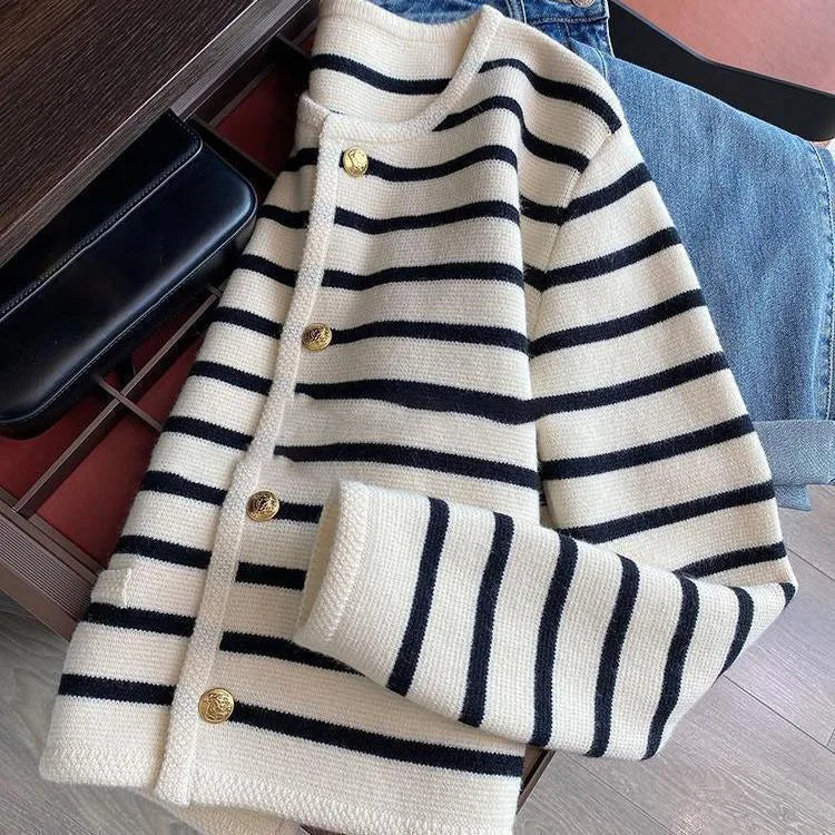 Women’s Striped Knitted Cardigan – O-Neck Long Sleeve Short Sweater Jacket | Spring Fall Versatile Knit Top
