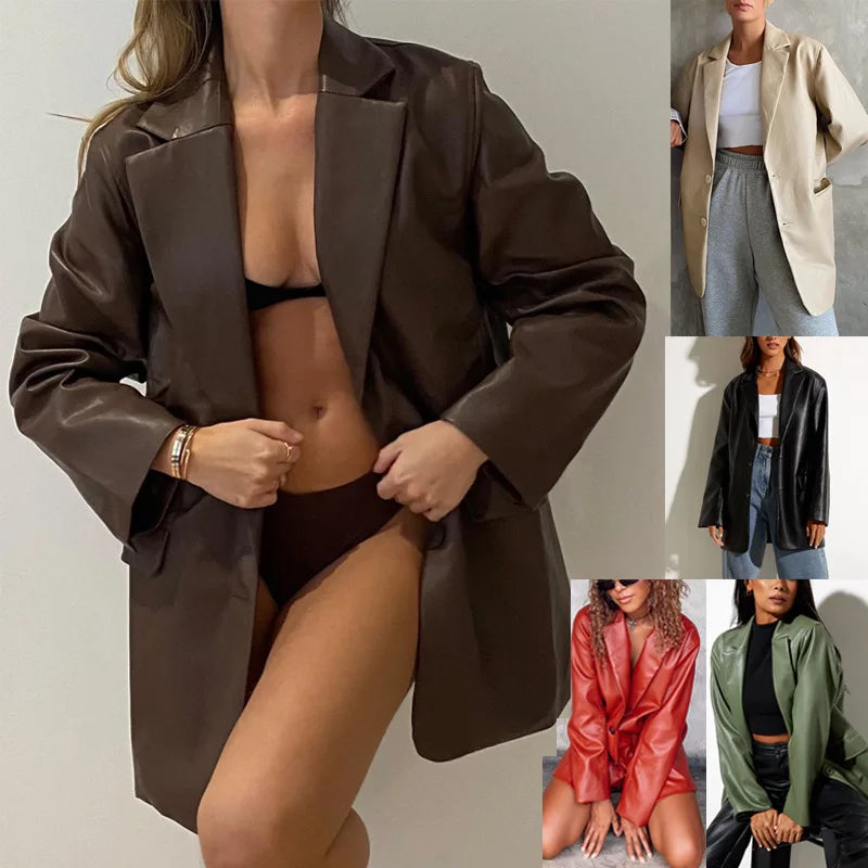 Women’s Oversized Vegan Leather Blazer – Single Breasted Faux Leather Jacket with Pockets