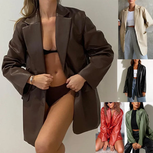 Women’s Oversized Vegan Leather Blazer – Single Breasted Faux Leather Jacket with Pockets