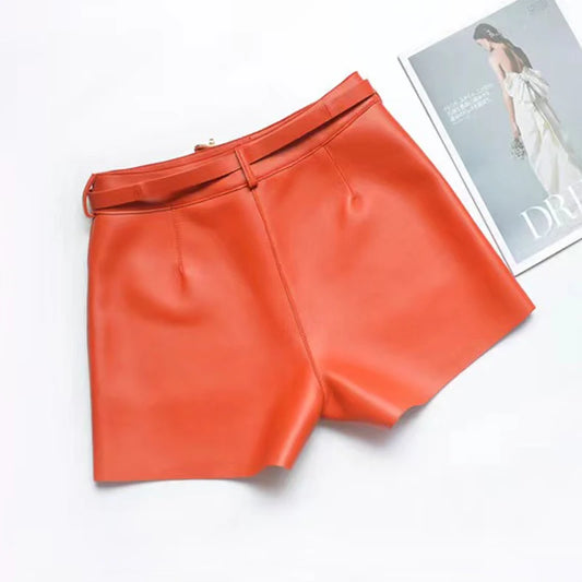 Real Sheepskin Leather Shorts for Women – 2026 New Arrival Casual Genuine Leather Shorts with White Belt, High-Quality Sheepskin, Versatile Summer & Street Style