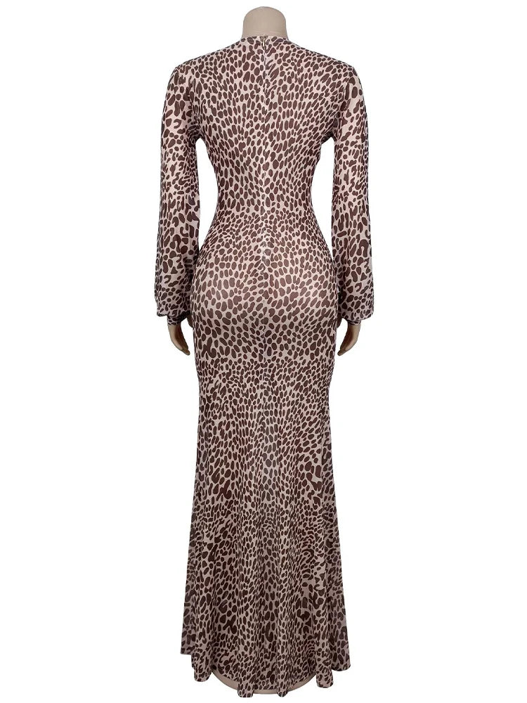 Luxury Leopard Print Cut-Out Maxi Dress – Deep V Long Sleeve Bodycon Gown