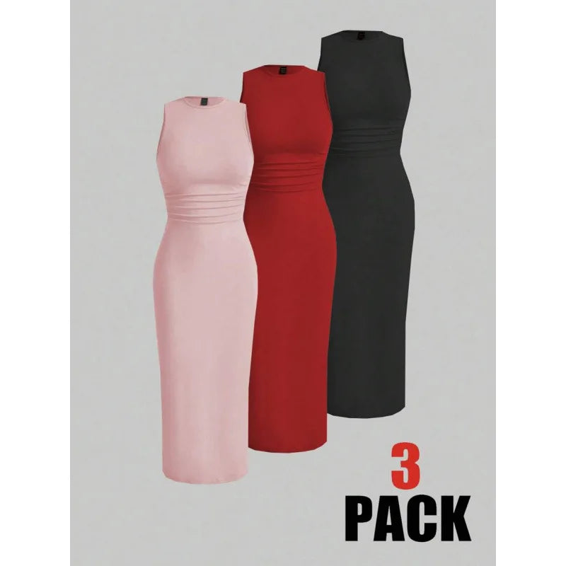 Modern Blend Boutique | Sculpted Suede Midi Dress – High Neck Bodycon Waist Cinch Elegant Minimalist Dress (3 Color Set Available, In packs)