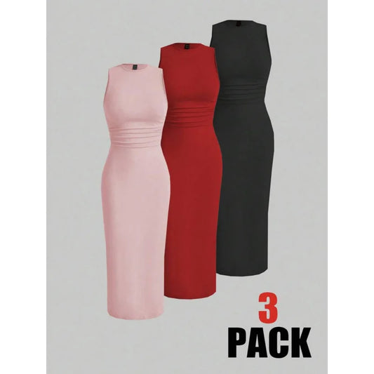 Modern Blend Boutique | Sculpted Suede Midi Dress – High Neck Bodycon Waist Cinch Elegant Minimalist Dress (3 Color Set Available, In packs)