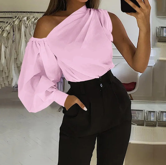 Women's Solid Color Oblique/Shoulder fit long Sleeve. For casual use/Off Shoulder design. Female Fashion Lantern Long Sleeve Shirts.