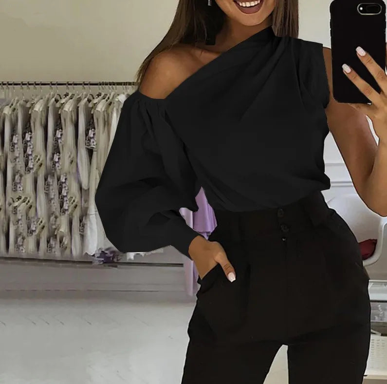 Women's Solid Color Oblique/Shoulder fit long Sleeve. For casual use/Off Shoulder design. Female Fashion Lantern Long Sleeve Shirts.