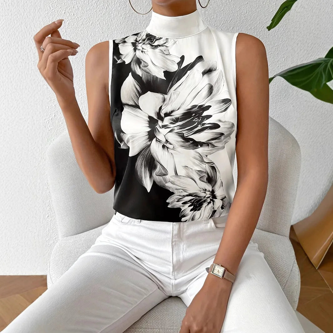 New Emery Rose Flower Print Blouses/2025 Style/Fashion/Sleeveless/Turtleneck Blouse Tops/Synthetic Fiber.