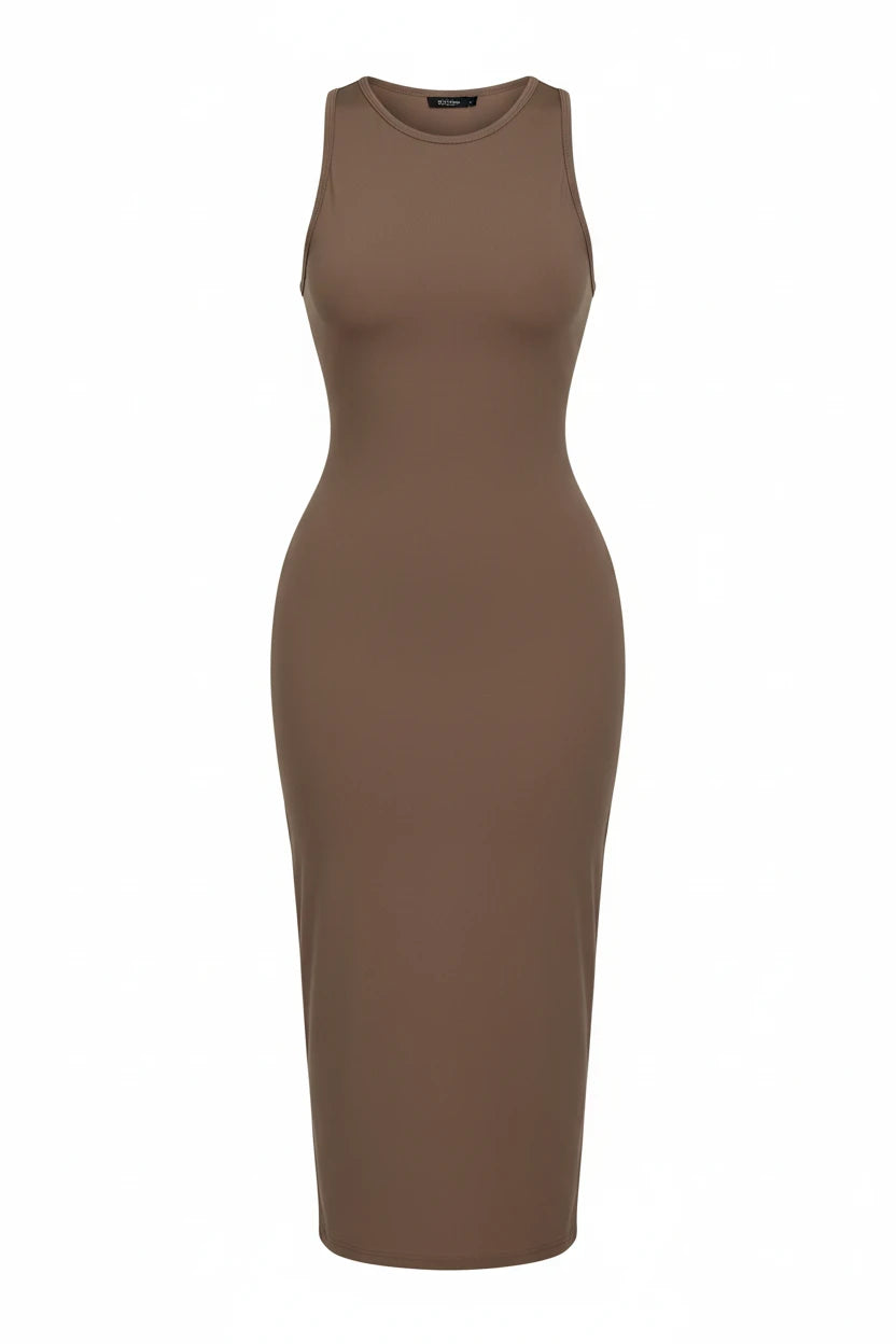 Modern Blend Boutique | Sculpted Suede Midi Dress – High Neck Bodycon Waist Cinch Elegant Minimalist Dress (3 Color Set Available, In packs)