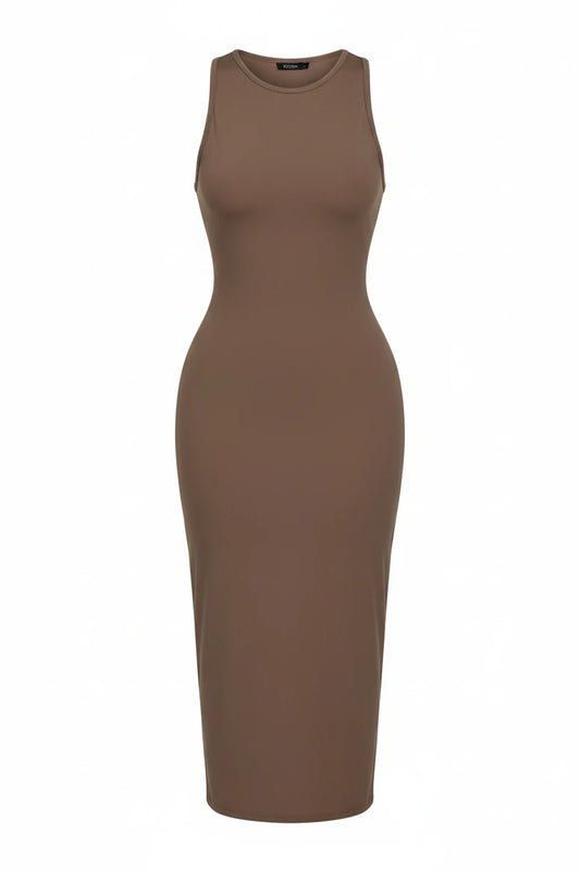 Modern Blend Boutique | Sculpted Suede Midi Dress – High Neck Bodycon Waist Cinch Elegant Minimalist Dress (3 Color Set Available, In packs)