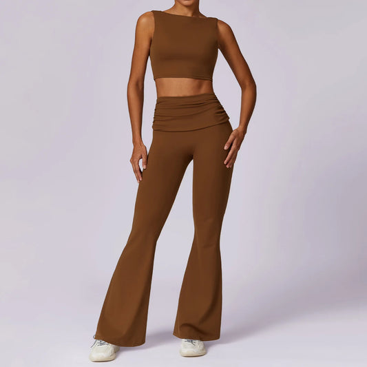 High-Waisted Flared Active Pants with Sculpting Fit – Neutral Beige
