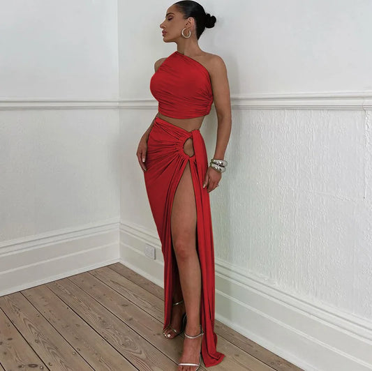 Luxury One-Shoulder Ruched Skirt Set – Elegant Backless Crop Top & High Slit Maxi Skirt Two-Piece Ensemble