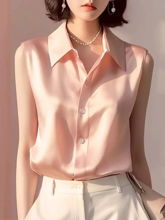 Sleeveless Satin Blouse for Women – Elegant Button-Front Top