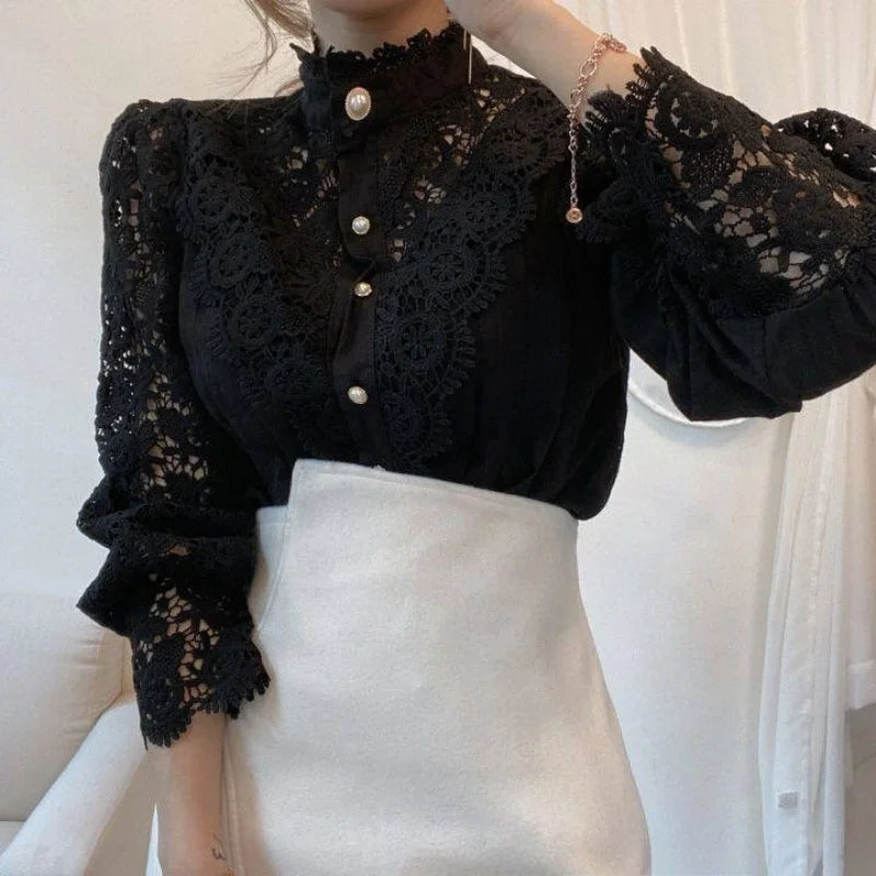 Hollow Out Long Sleeved Lace Blouse/Solid Tatting Craft Designed/Broad Clothed Single Breasted Blouse